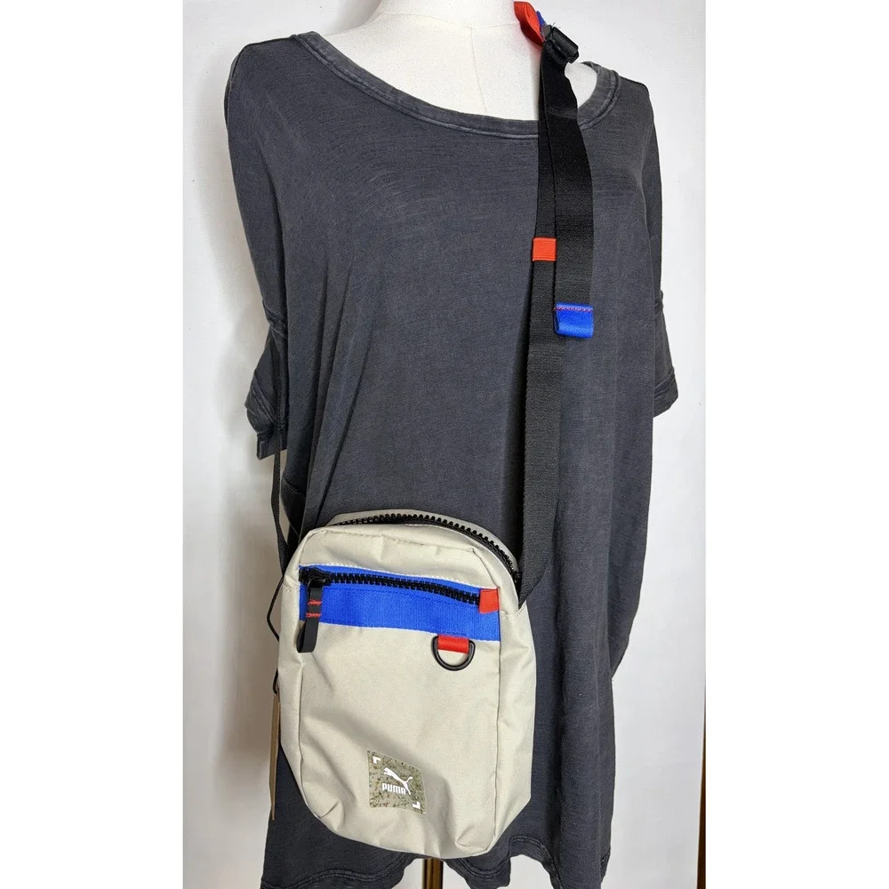 Puma Tan Crossbody Re.Gen Bag Blue Orange Accents Adjustable Padded Strap NWT